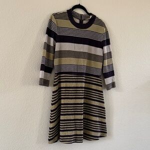 Elegant Striped Long Sleeve Dress in Black and Tan